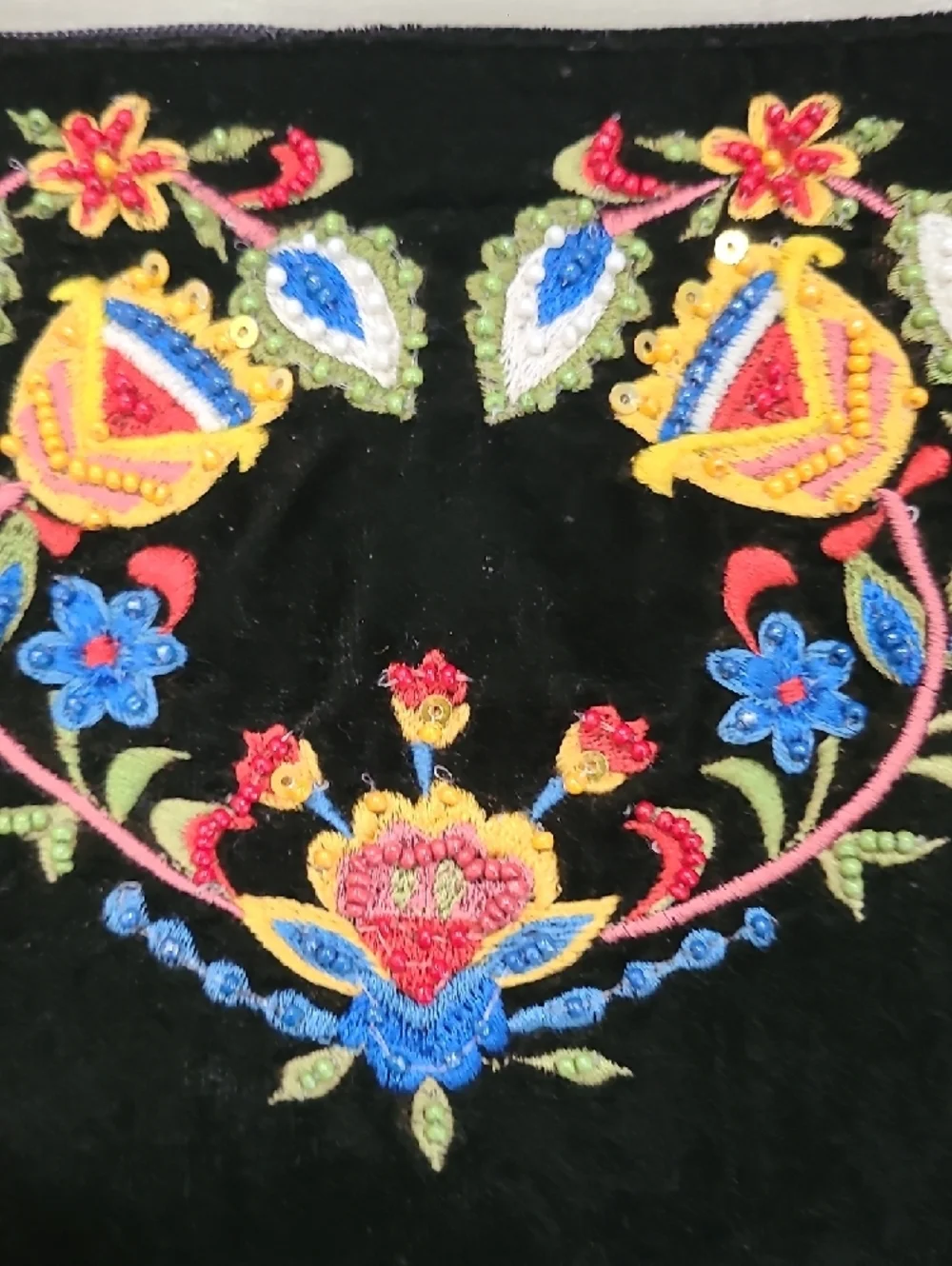 Black Velvet Embroidered Floral Tassel Clutch